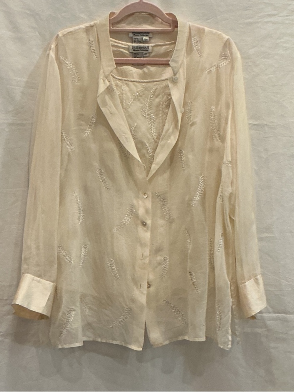 Due per Due Silk Sheer Embroidered Button-Front Blouse w/matching Camisole